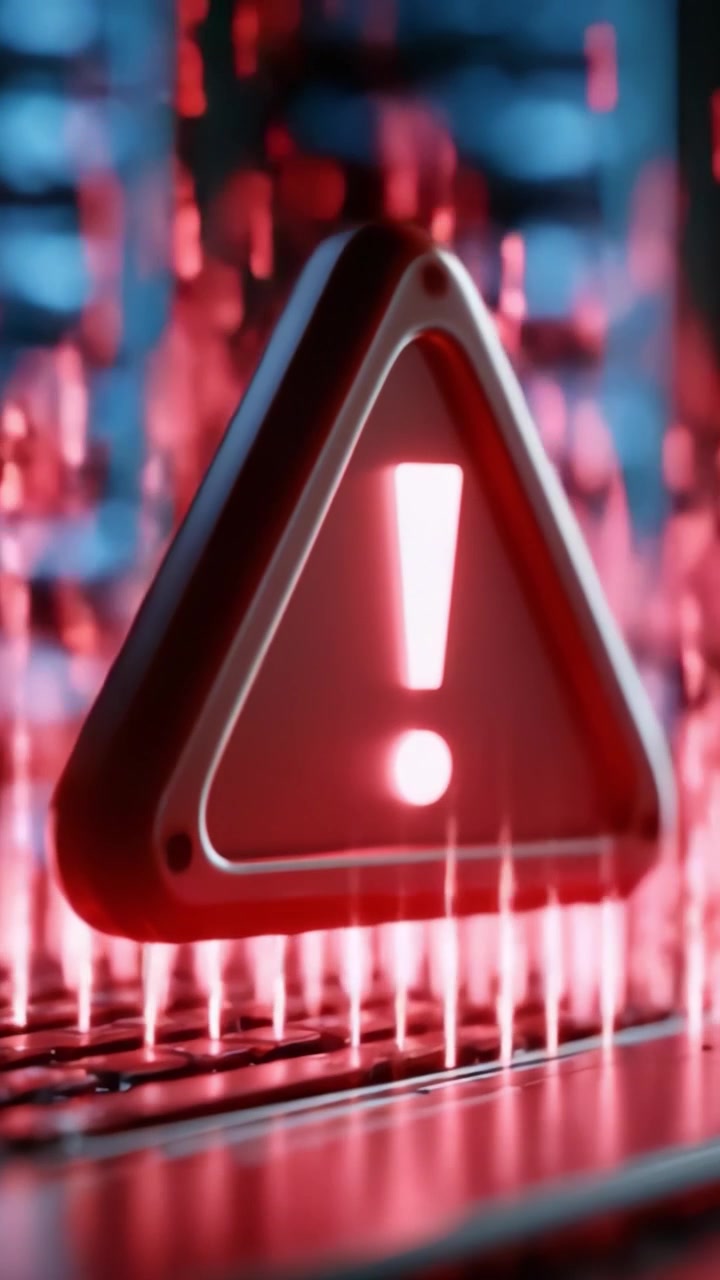 A striking visual representation of a digital warning symbol, depicting an exclamation mark inside a red triangle, surrounded by cascading streams of data, highlighting cybersecurity alerts.