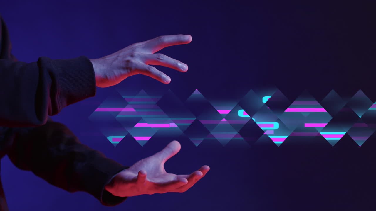 Animation of glowing light trails of data transfer over asian man's hands