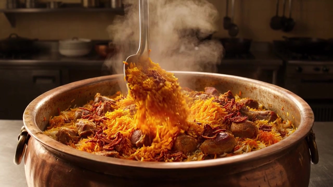 Chef sirviendo biryani humeante de una olla grande de cobre