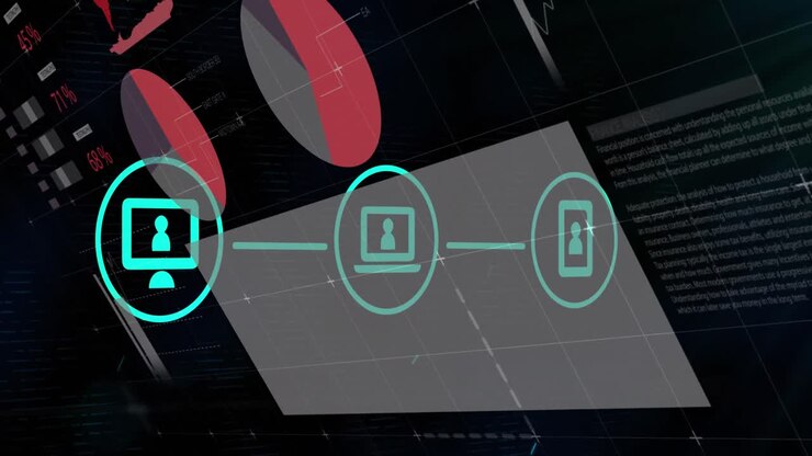 Animazione di un diagramma di flusso di icone con interfaccia infografica su sfondo nero