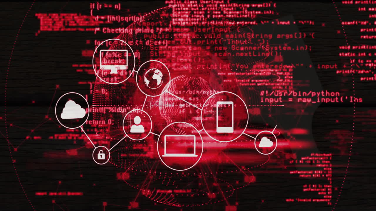 Digital network and data processing animation over red globe and binary code