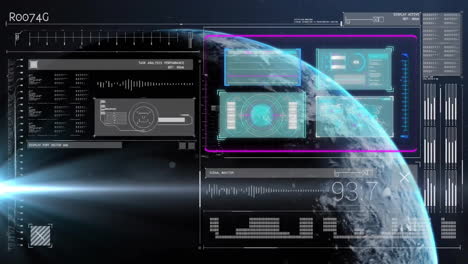 animation of screens with data processing over globe on dark background