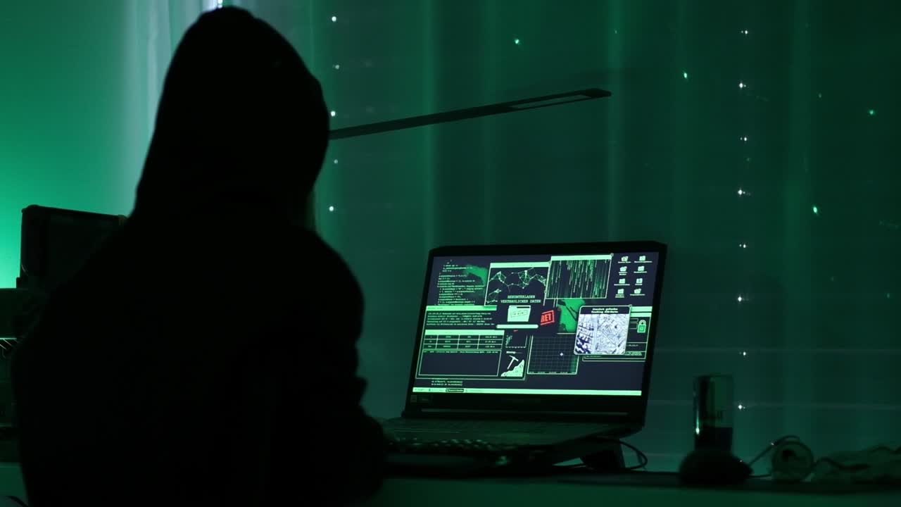 una hackergirl criminal con capucha negra que usa una computadora portátil y computadoras grandes para hackear el sistema de red desde su oscuro cuarto de neón hacker