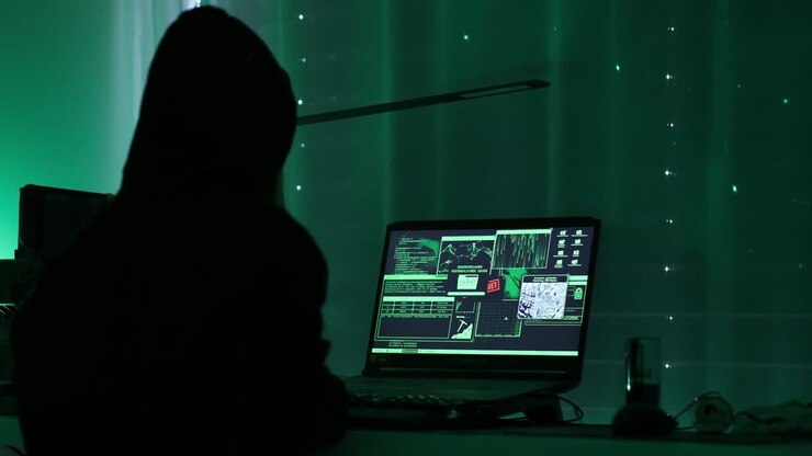 una ragazza hacker criminale con cappuccio nero che utilizza laptop e grandi computer per hackerare il sistema di rete dalla sua oscura stanza al neon hacker