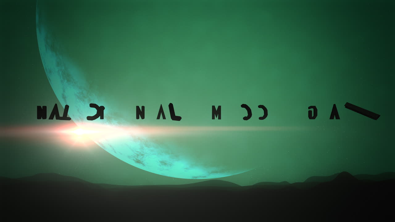 национальный лунный день с зеленой планетой и горой в темной галактике