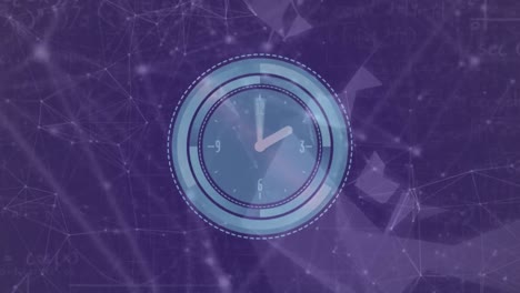 animación del reloj sobre la red de conexiones sobre fondo púrpura