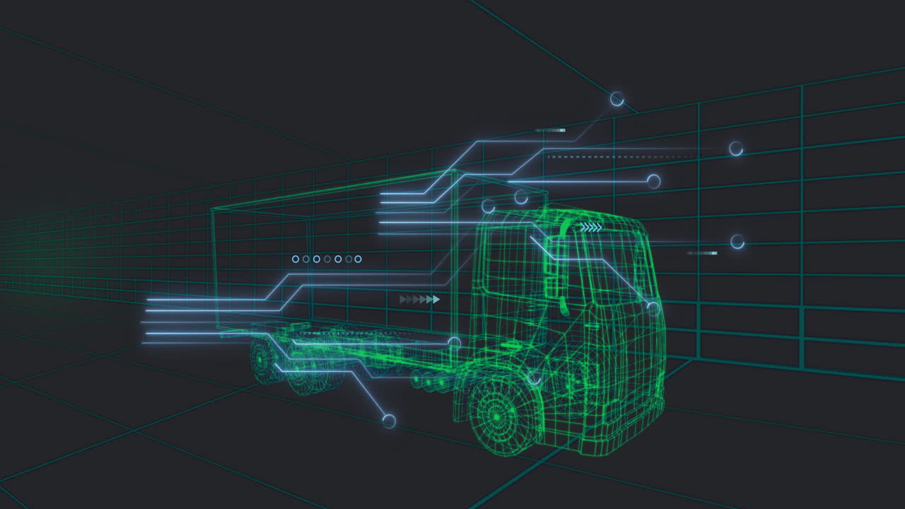 Animation of futuristic truck with digital wireframe and data processing elements