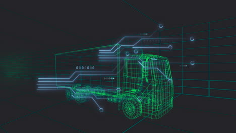 animation of futuristic truck with digital wireframe and data processing elements