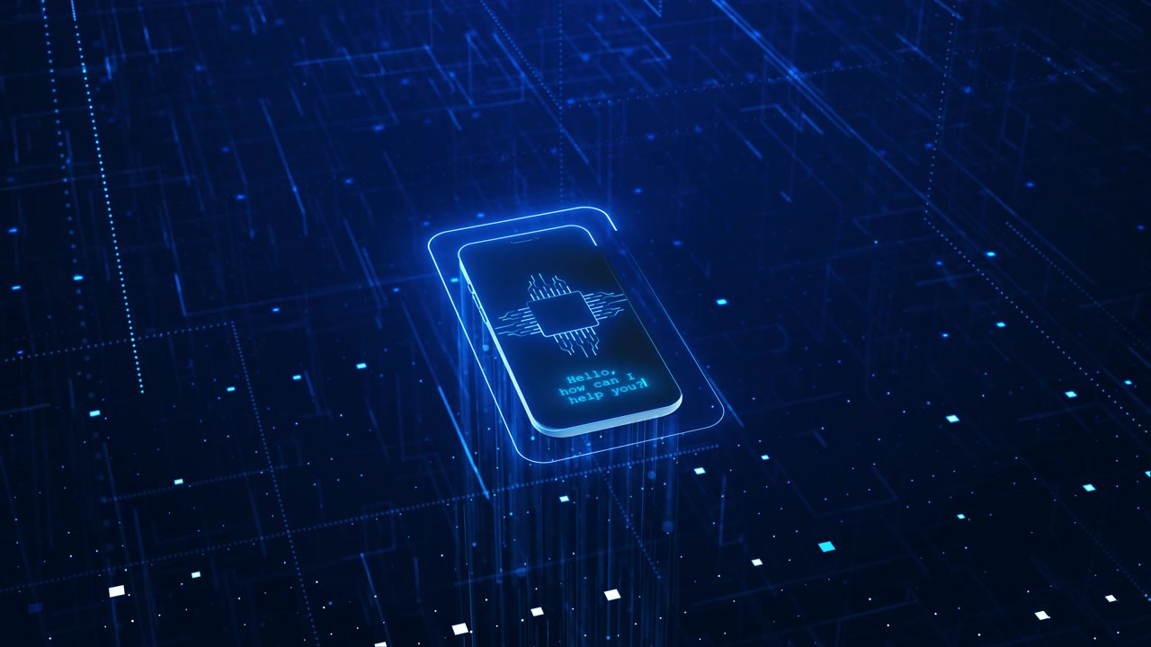 Smart ai mobile support visual with glowing phone circuit chip graphic blue data grid and futuristic