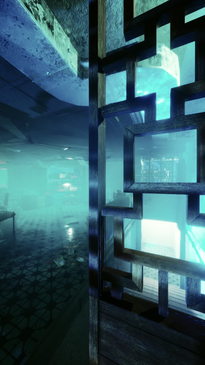 una vista a través de una puerta de madera con un diseño de cuadrícula, mirando hacia una habitación oscura con iluminación azul