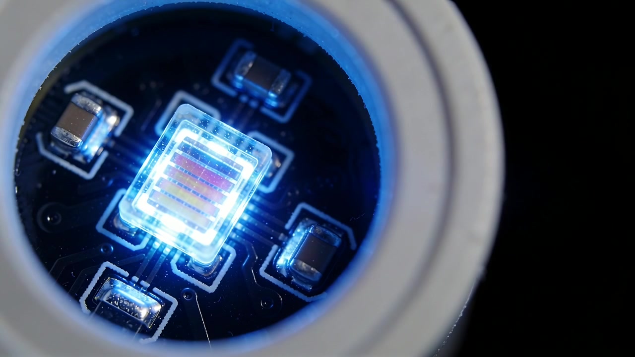 Powering central square LED emitter raising blue output inside white bezel for testing bond wires