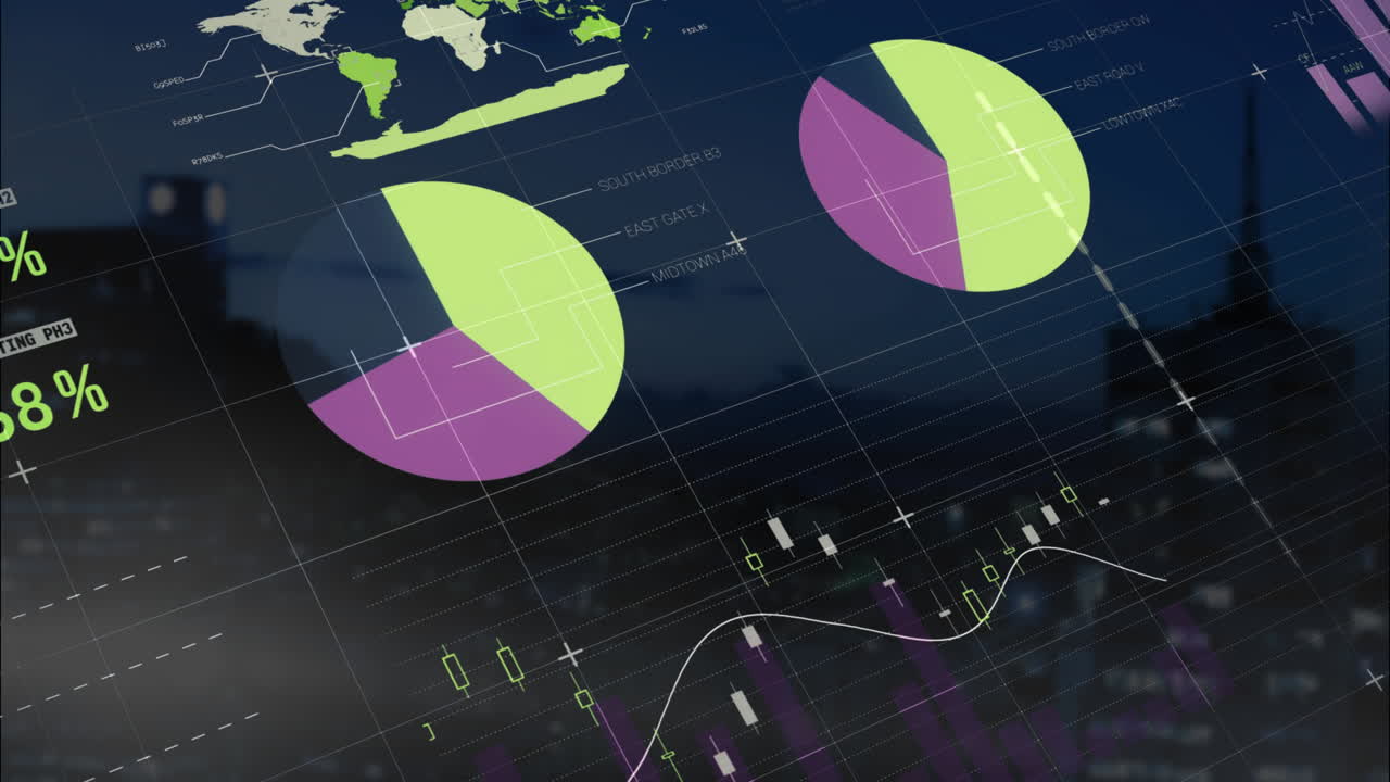 animación de la interfaz infográfica multicolor sobre el paisaje urbano moderno contra el cielo