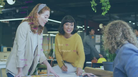 animation of financial data processing over diverse business people in office