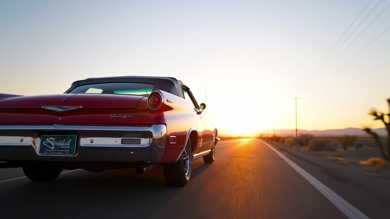 A stunning red convertible drives down a scenic highway in the desert as the sun sets, casting warm colors across the sky. The landscape reflects the tranquil beauty of a late afternoon.
