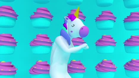 dance unicorn funny with a cupcakes background. silly dancing. loop animation 4k animation