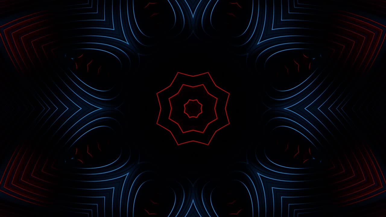 Sfondo nero con design rosso e blu al centro. Loop VJ caleidoscopico
