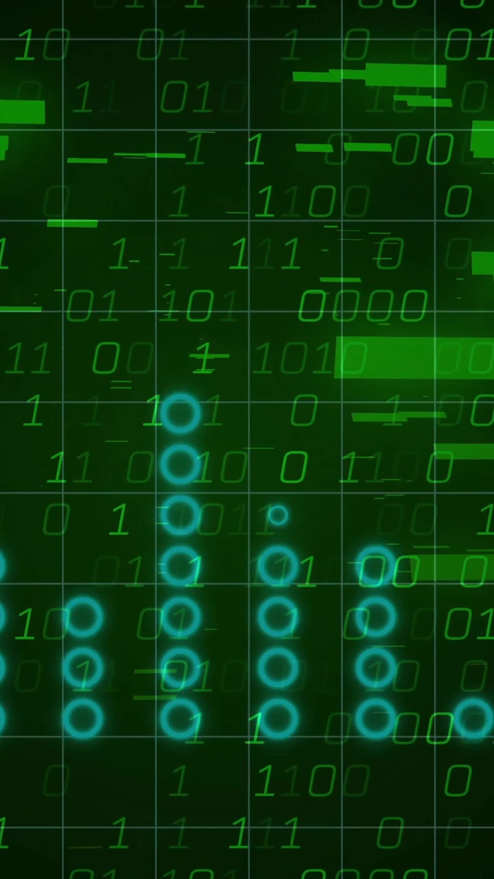 Animation of digital data processing over dark background