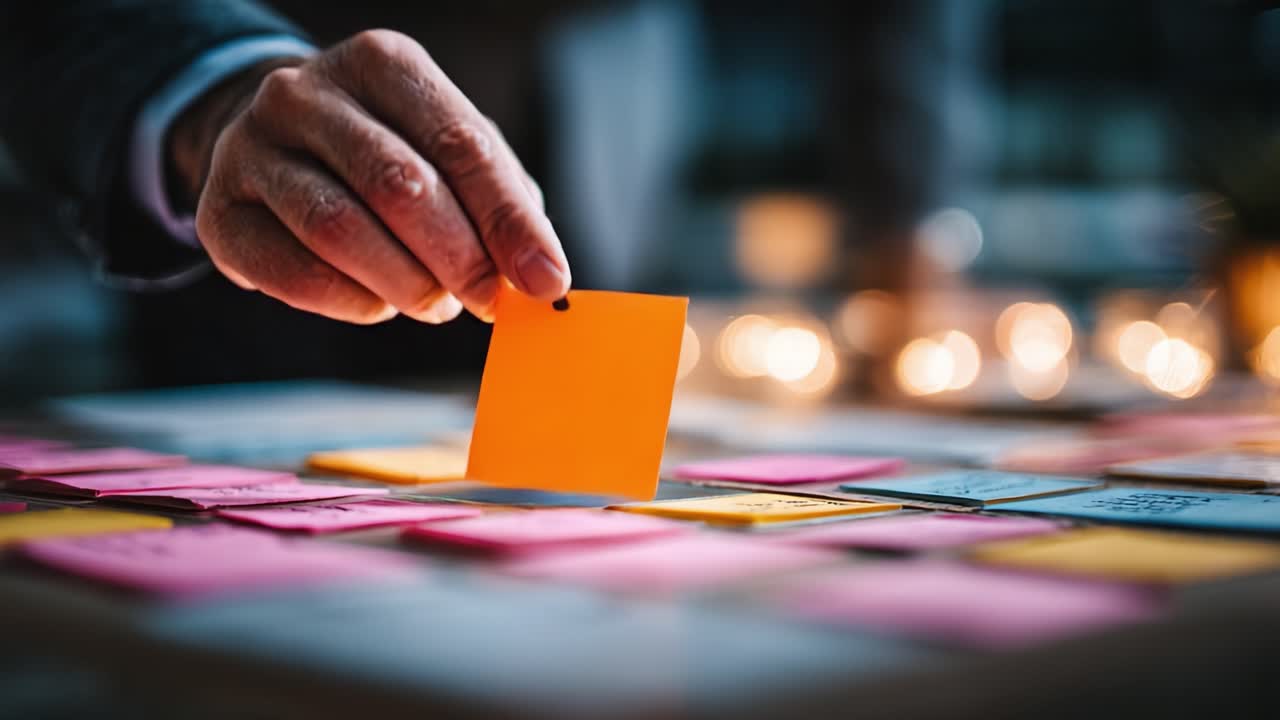 Una mano concentrata scrive su post-it colorati, catturando l'essenza dell'organizzazione creativa e del brainstorming in un ambiente di lavoro collaborativo.