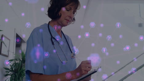 animation of network of connections with icons over caucasian female nurse taking notes