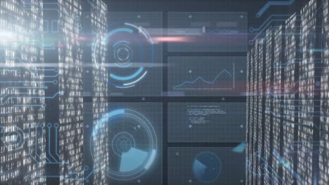 Animation of data processing with scope scanning on black background