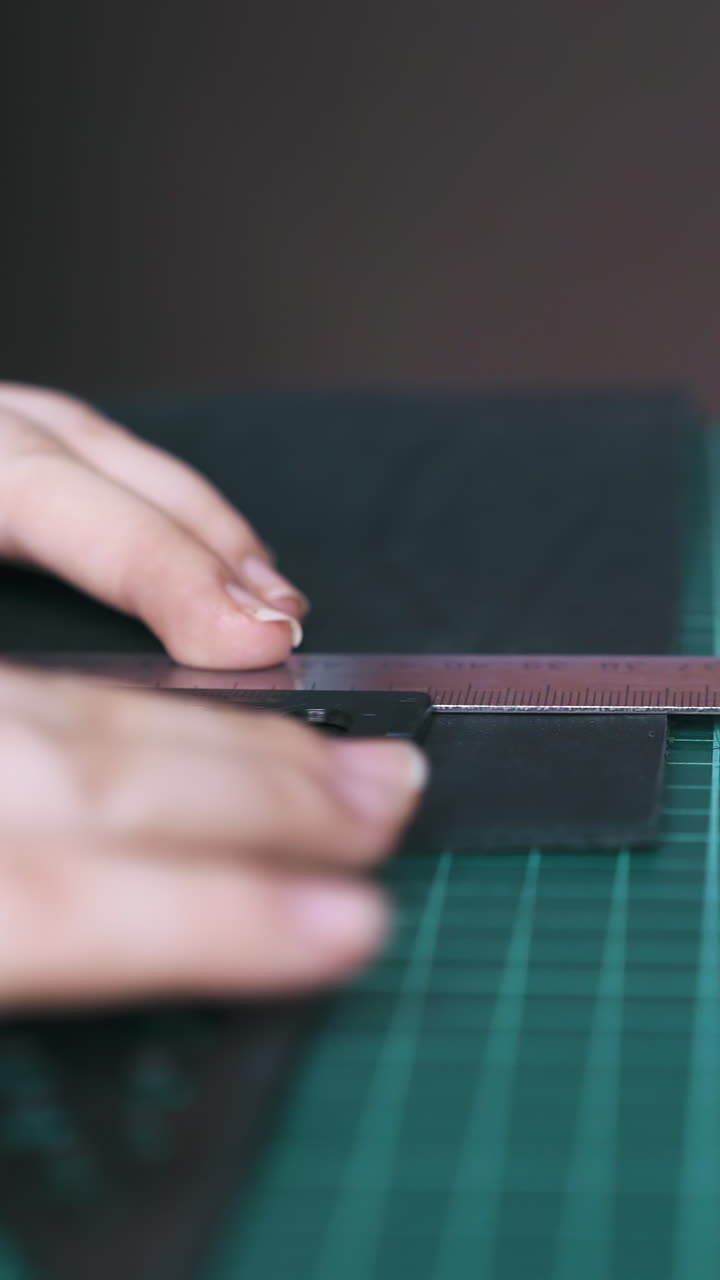 CU: Professional designer measures black leather cloth with metal and plastic rulers on cutting board close view