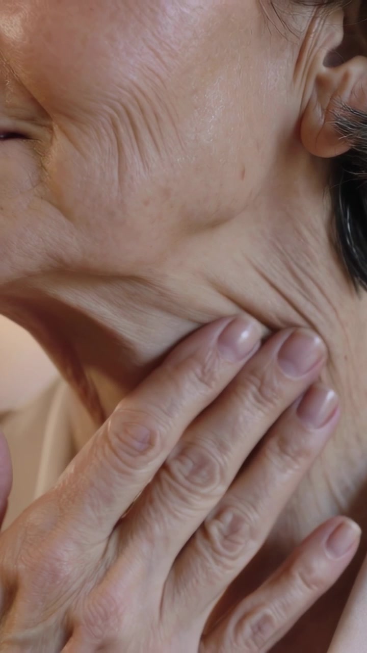 Video verticale: Donna anziana con top chiaro, con pieghe del collo visibili, che si preme il collo a casa con le mani.