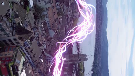 Strong-telecommunication-signal-above-Zurich-old-town-rooftops,-aerial