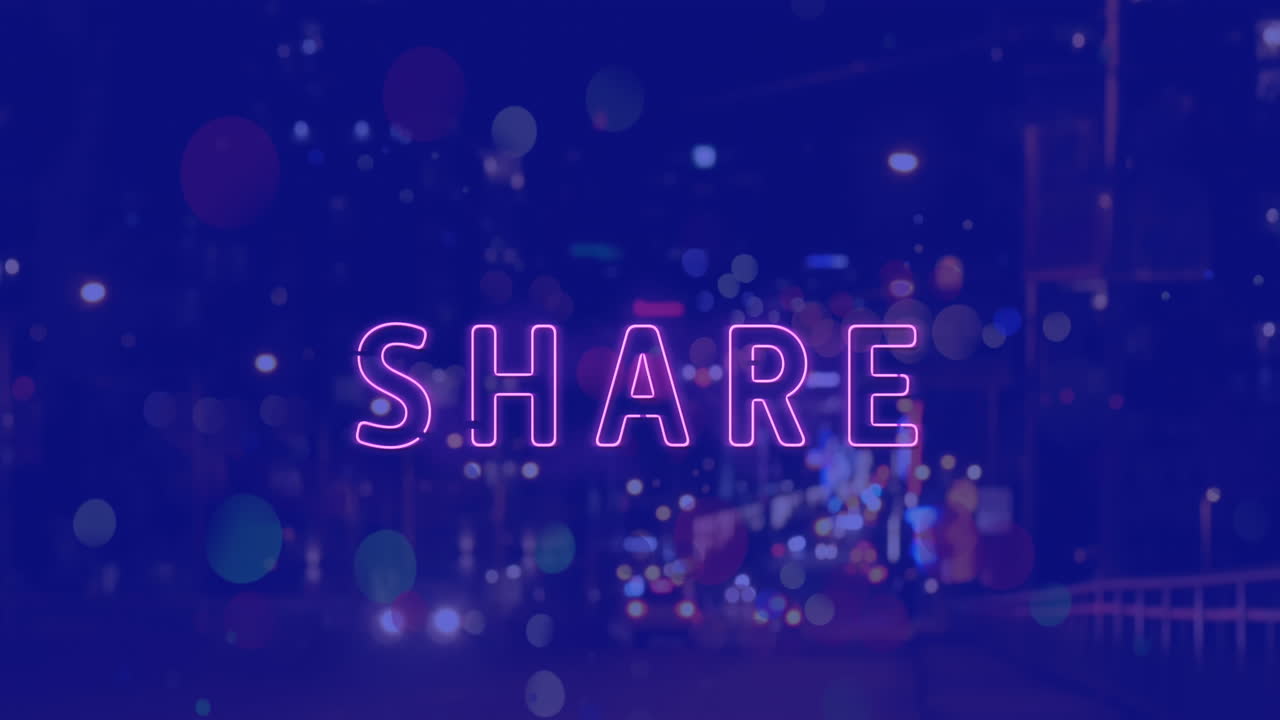 Animation of share neon text banner against train arriving at a station