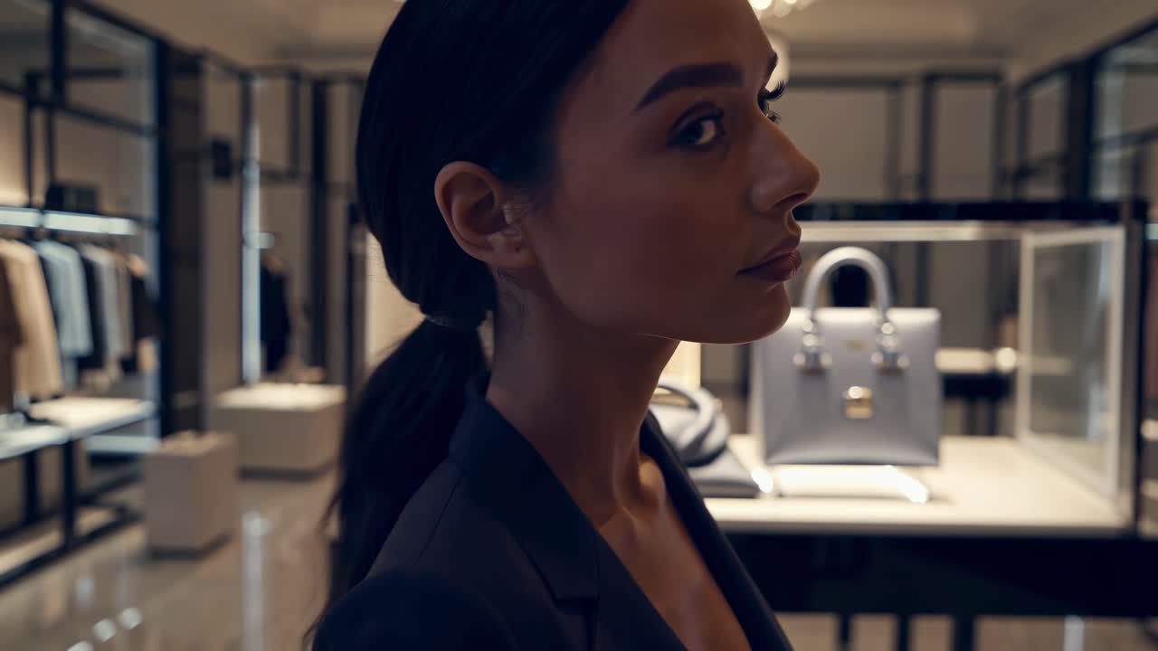 Side view of a sophisticated woman appreciating designer handbags displayed in a brightly lit, upscale boutique, showcasing a moment of luxury shopping