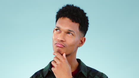 thinking, idea and young man in a studio