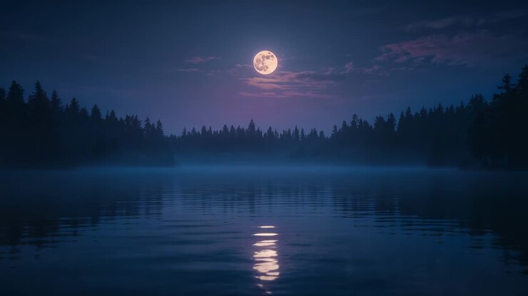 Clouds drifting past full moon over misty lake, creating shimmering ripples under conifer forest