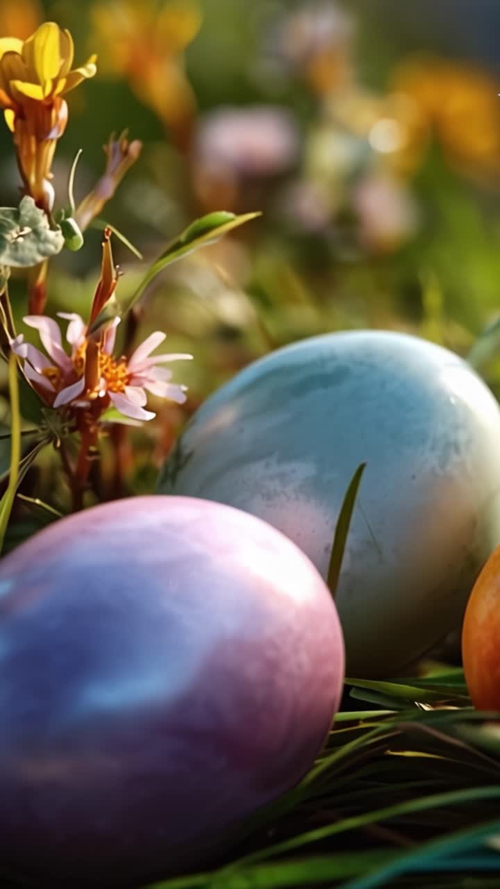 A Close-Up Exploration of Colorful Easter Eggs Nestled Amongst Vibrant Flowers in a Sunlit Green Field Representing Spring and Celebration