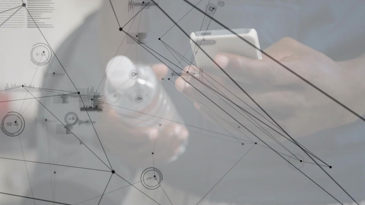 Man tapping smartphone and bringing bottle, tech HUD nodes highlighting nipple while preparing feed