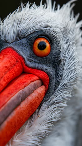 close-up of a pelican's face and bright red beak
