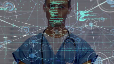 animación del procesamiento de datos sobre el médico masculino caucásico