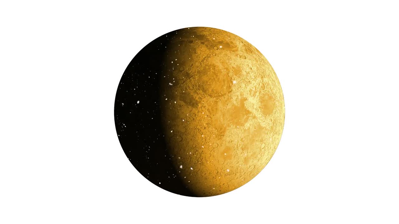 Animation of snow falling over full moon on white background