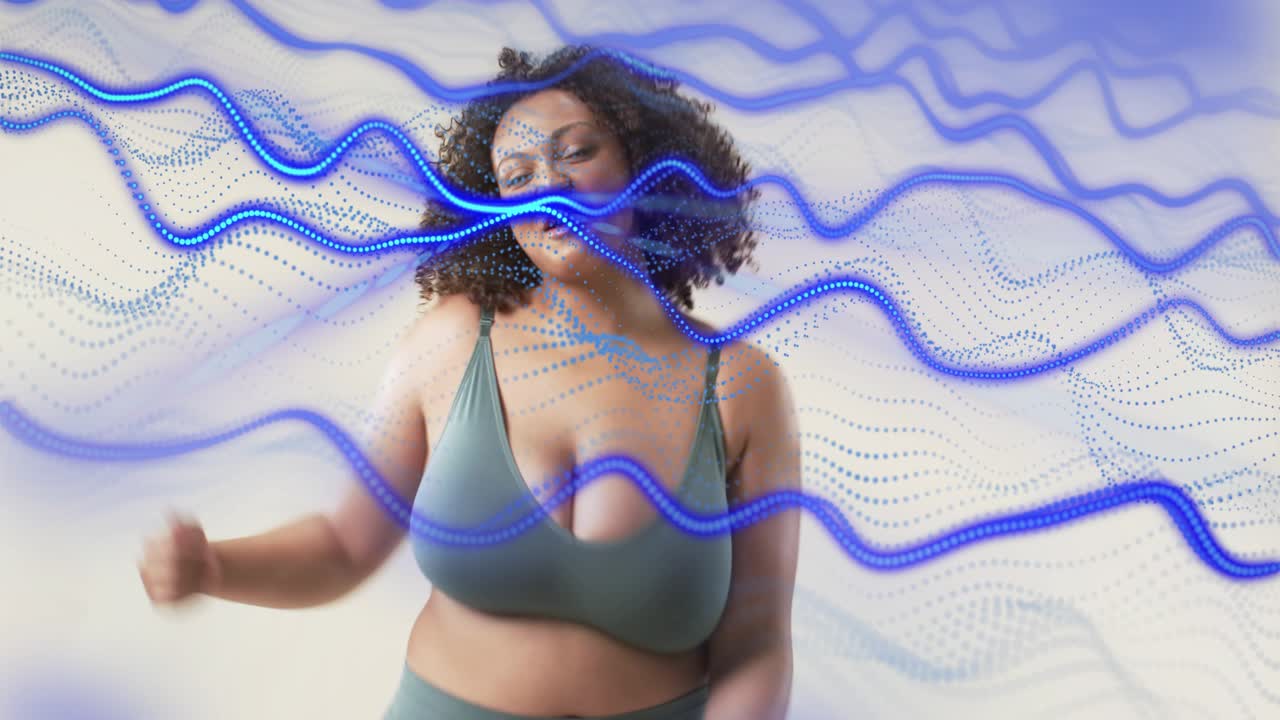 Woman performing poses from center promoting fitness in green activewear, blue dots overlaying