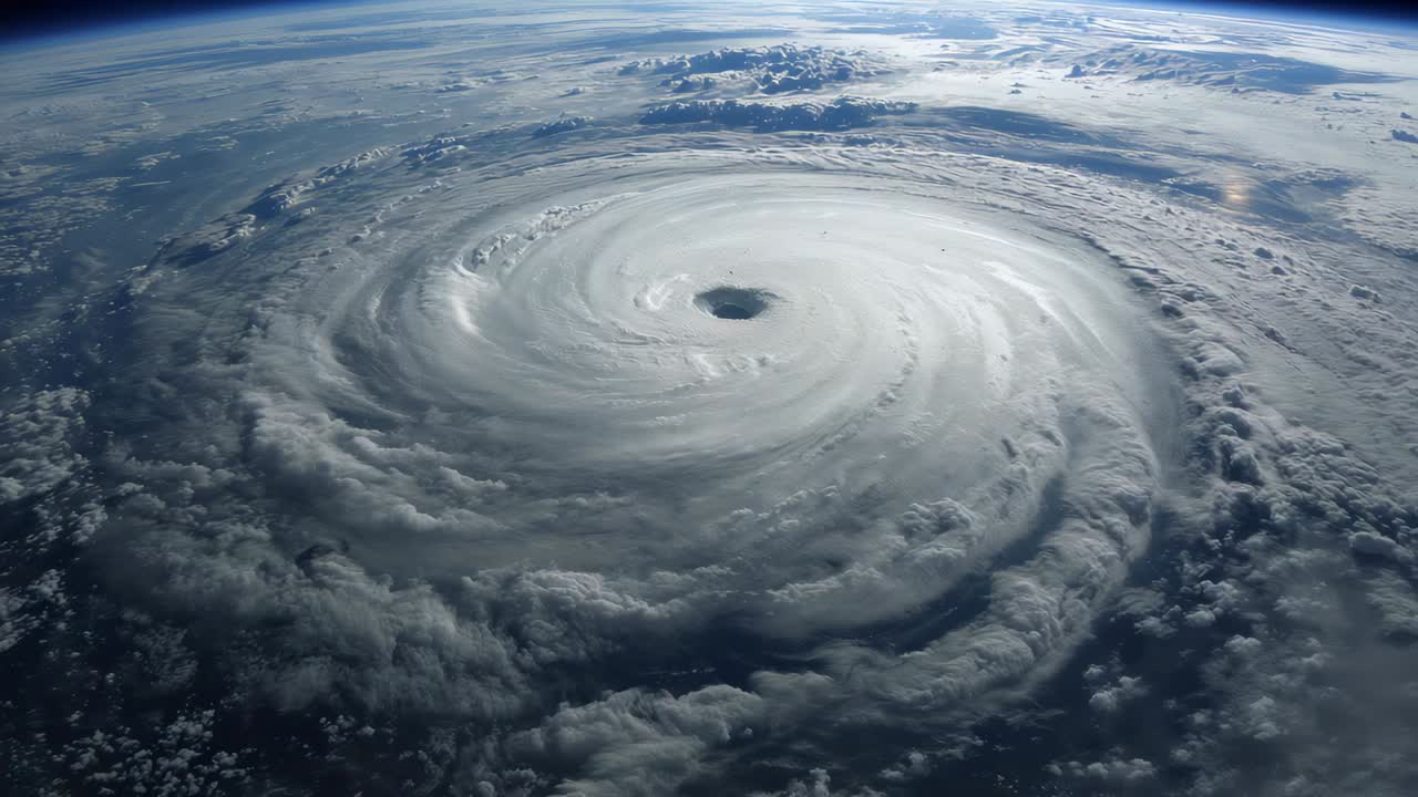 Orbiting camera drifting over ocean monitoring rotating tropical cyclone with clear eye, sun glint