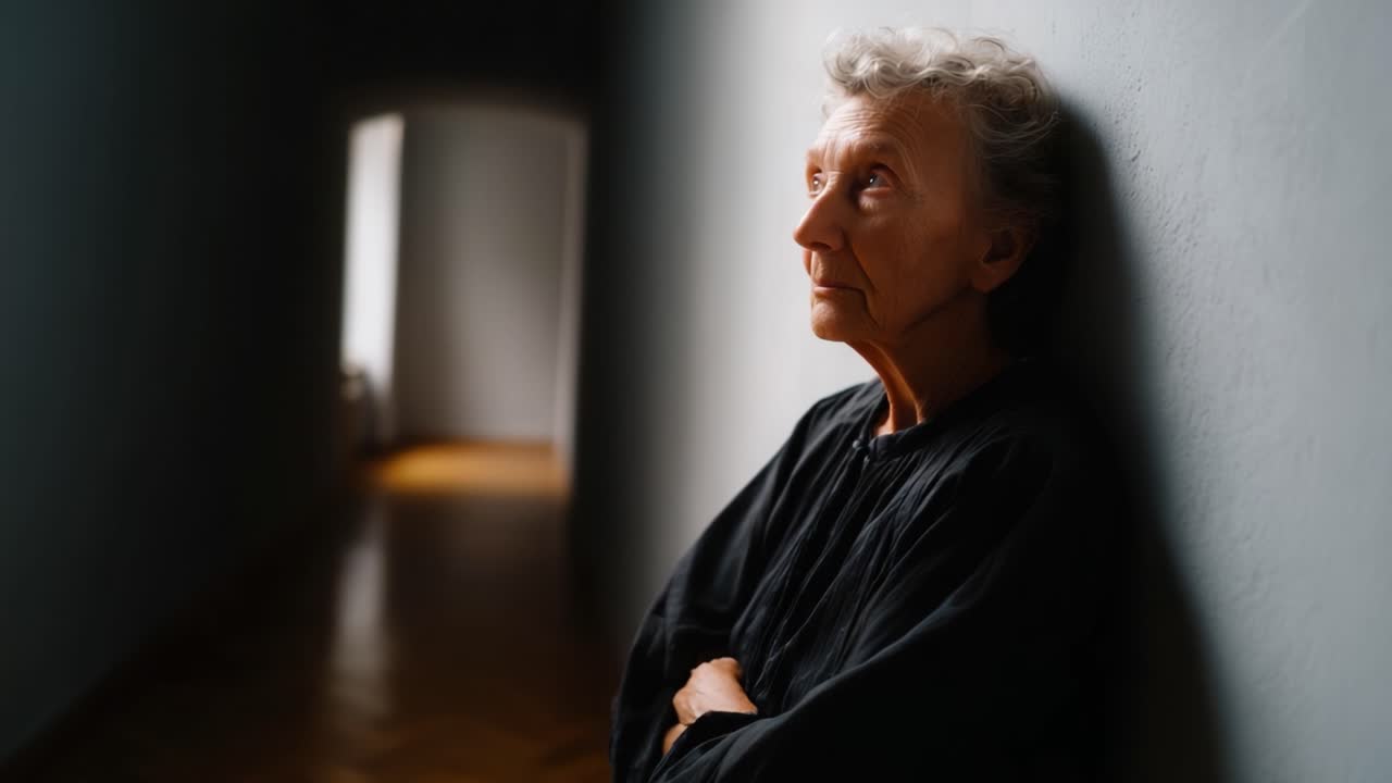 Un'anziana riflessiva contempla la vita in un corridoio scarsamente illuminato, ripensando ai ricordi e al passare del tempo, con un senso di serenità e intensità emotiva