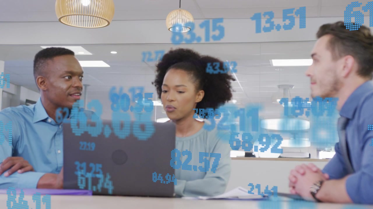 Woman center reading laptop and starting business data meeting while team reacting to blue overlay