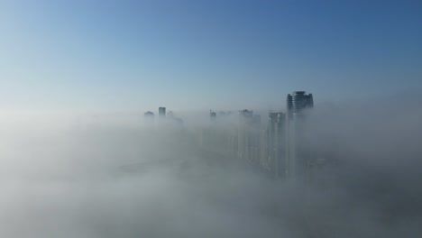 Drone-view-of-Fog-over-Sharjah,-Sharjah-Khalid-Lake-covered-in-the-winter-morning-fog,-United-Arab-Emirates,-4K-Drone-Footage