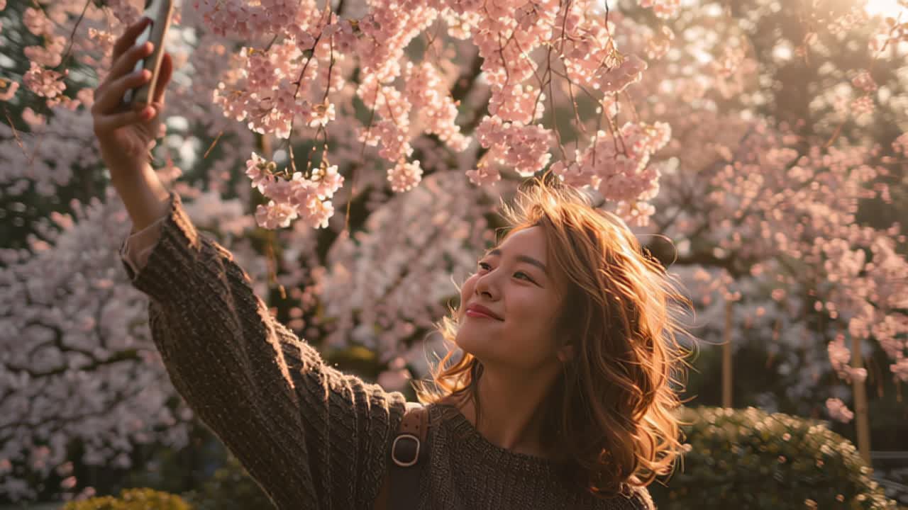 Cinematic footage of a smiling young woman taking a selfie beneath blooming cherry blossom trees in a spring park, warm sunset light, romantic travel lifestyle moment