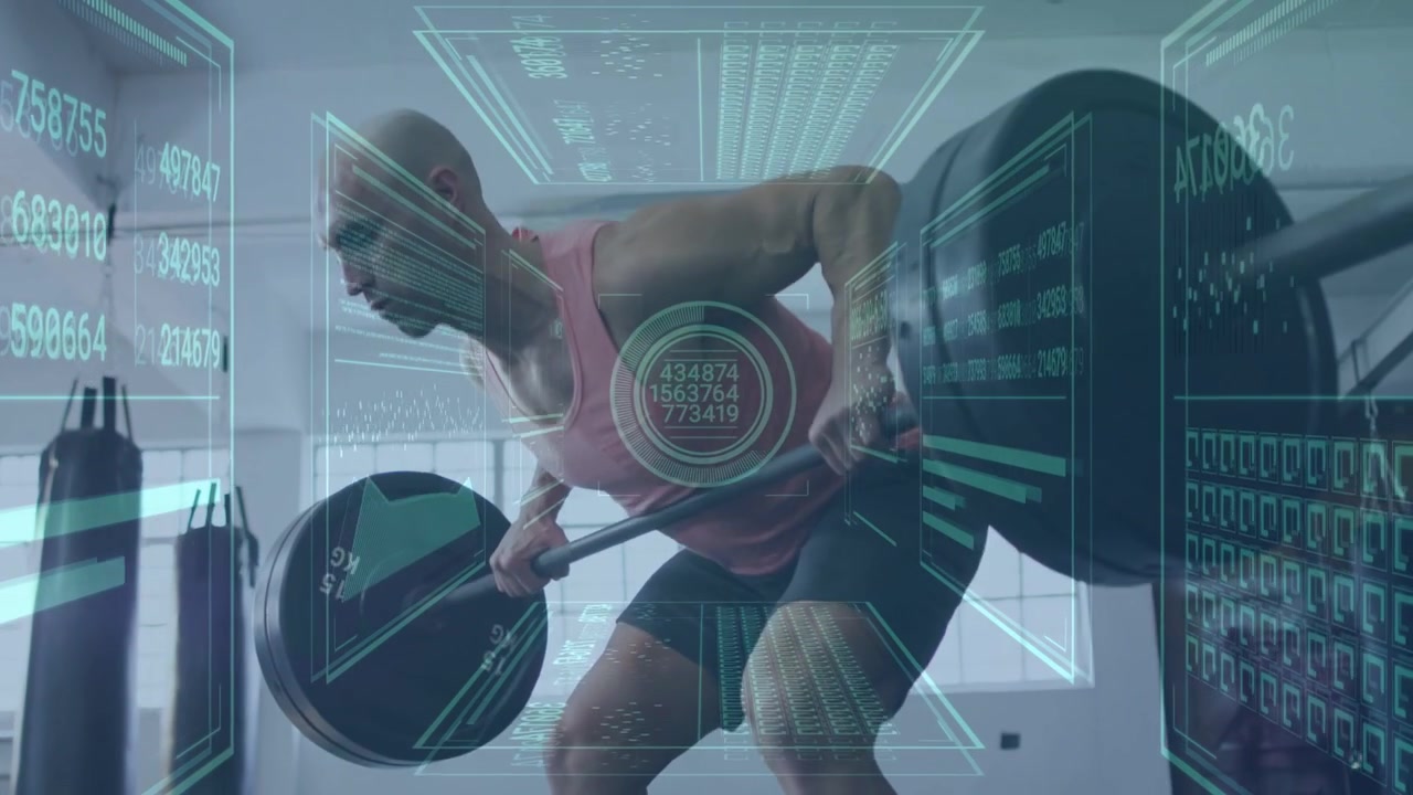 Fit man tightening grip and initiating barbell lift in gym, HUD overlay tracking strength metrics