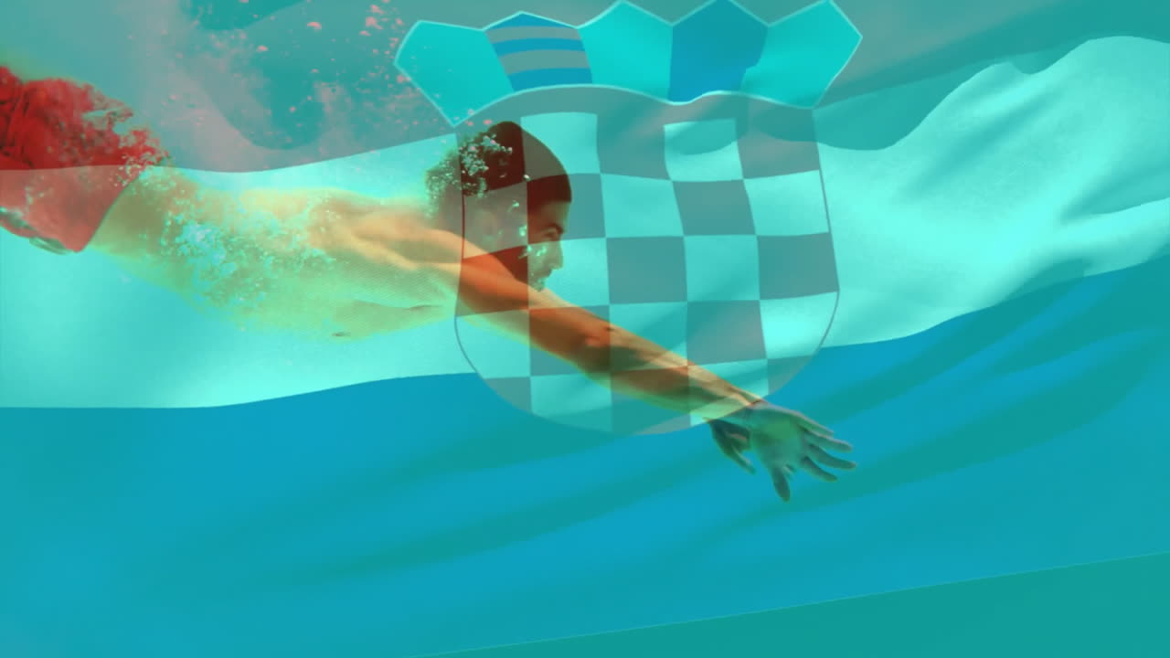 Swimming in pool with checkered pattern overlay, person practicing strokes