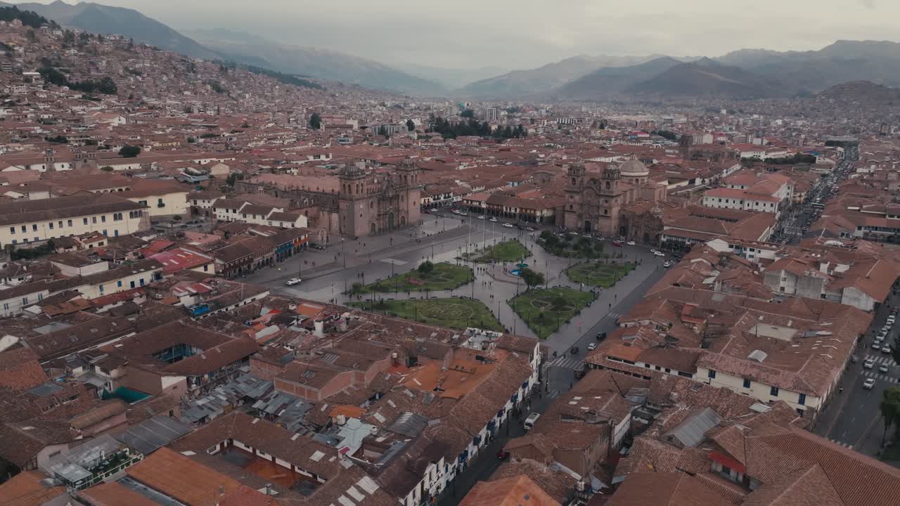 Panoramic Aerial View Of The Plaza Mayor de Cusco In Cusco City Center, Peru.