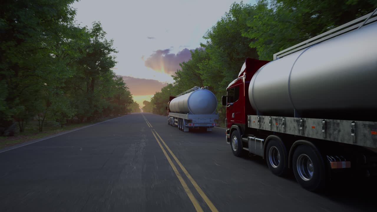 Two Gasoline Tanker Semi Truck On Asphalt Road. Silver Fuel Semi Truck Fast Driving On Straight Freeway In Countryside Dense Forest