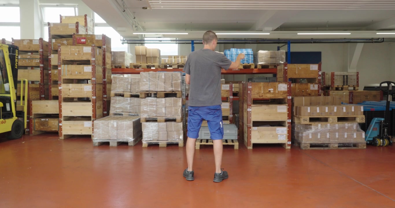 Magazziniere che controlla l'inventario e ispeziona gli scaffali di stoccaggio, dimostrando la gestione delle scorte, la logistica e le operazioni di magazzino.
