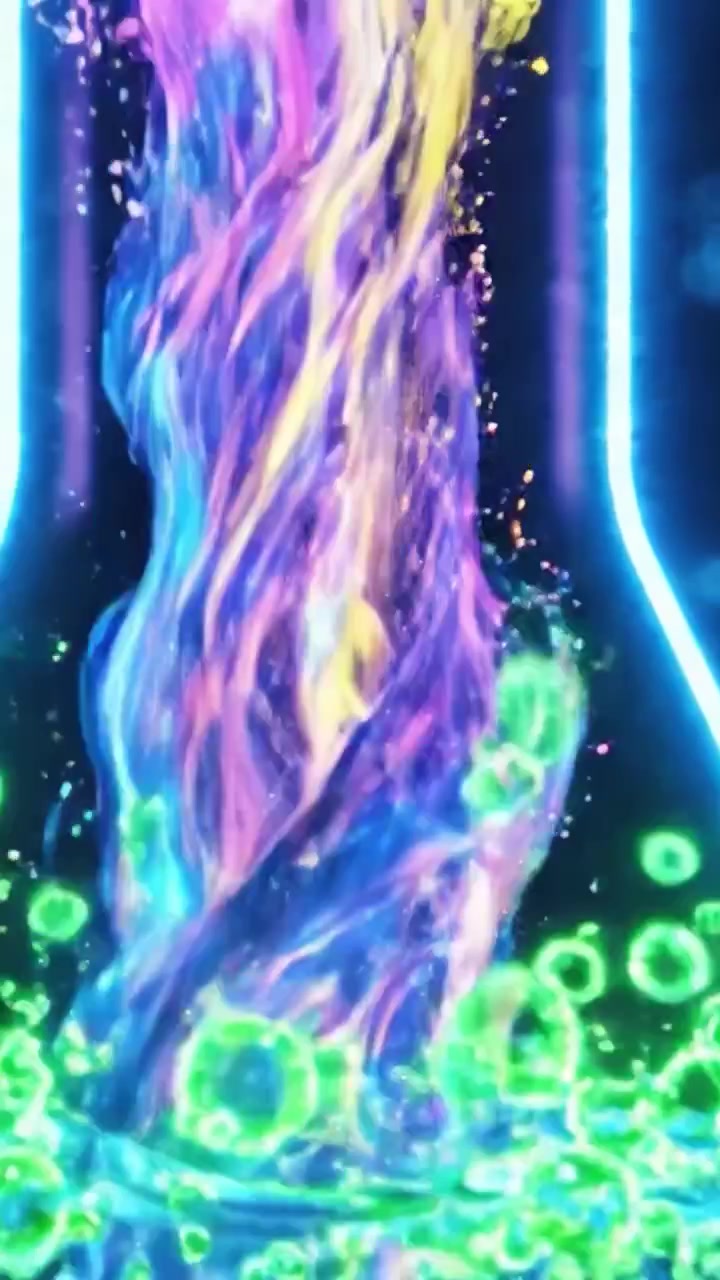 Illuminated Laboratory Experiment: A Stunning Visual Representation of a Chemical Reaction in a Neon-Lit Flask with Bubbling Fluids and Colorful Vapor