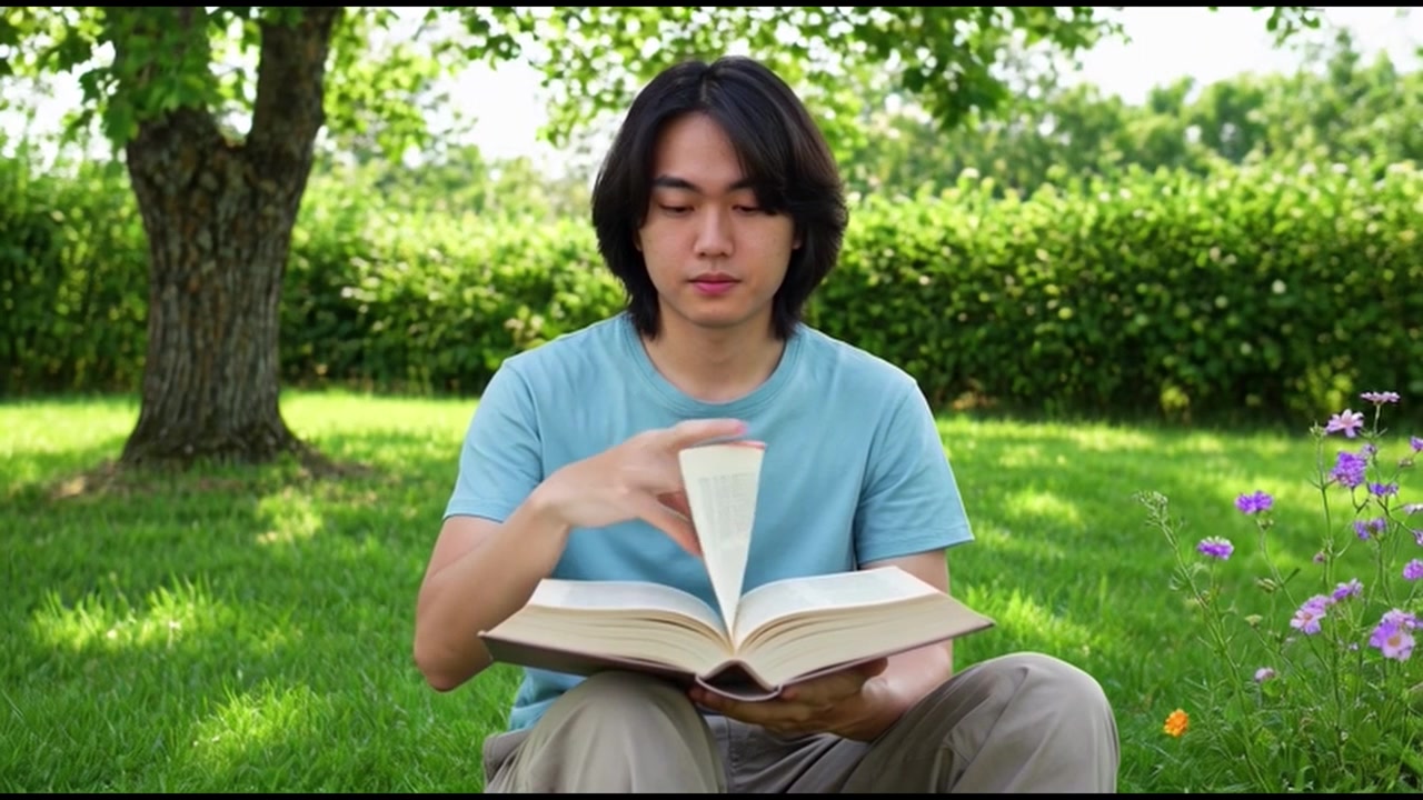 Bir Parkta Çimlerin Üzerinde Otururken Kitap Okuyan Genç Adam
