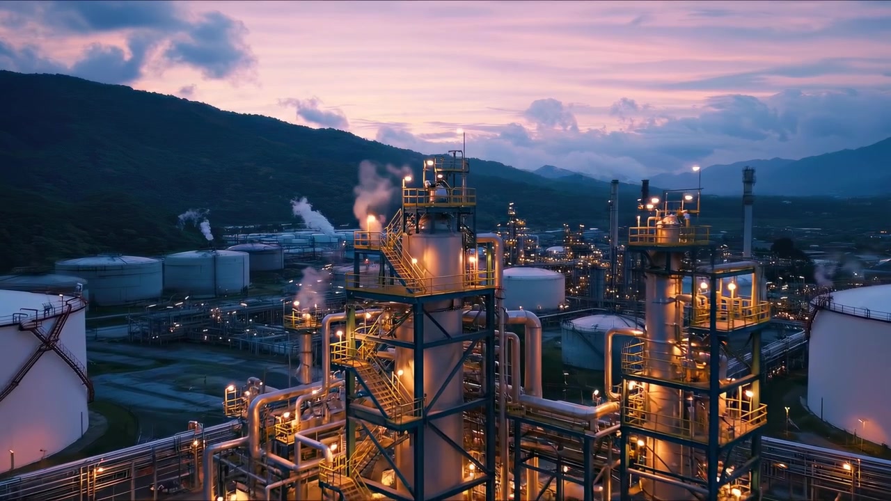 Aerial View of Oil Refinery at Sunset